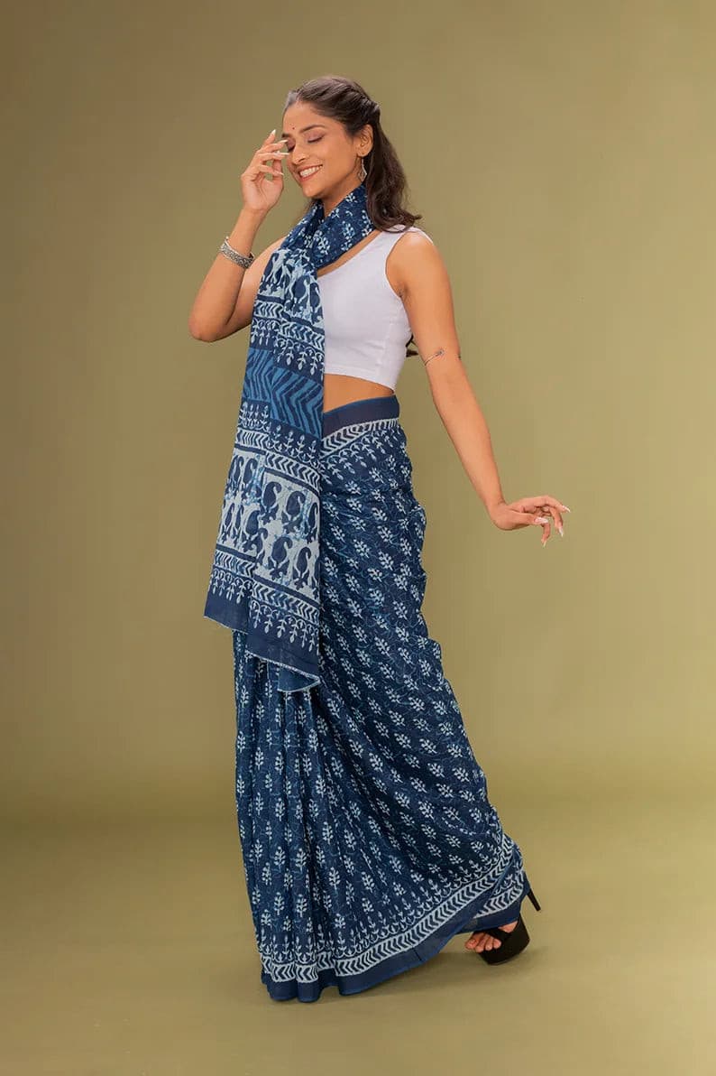 Navy Blue - Printed Mulmul Cotton Saree