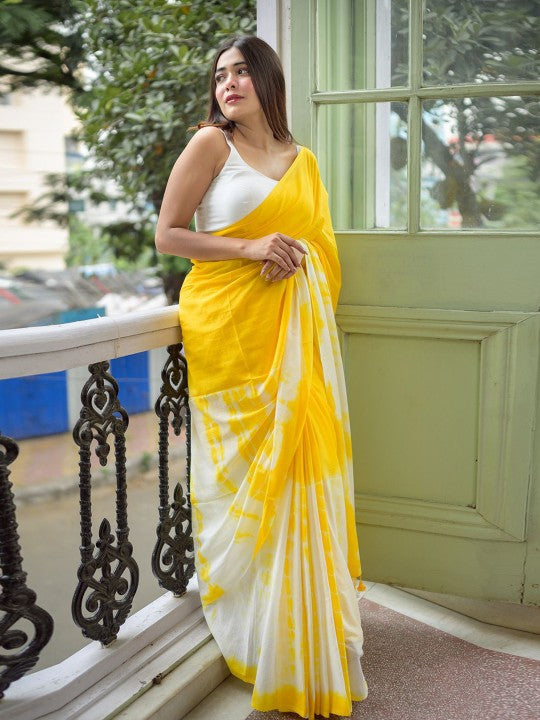 Golden Radiance" Rich Yellow & White Pure Mulmul Cotton Saree