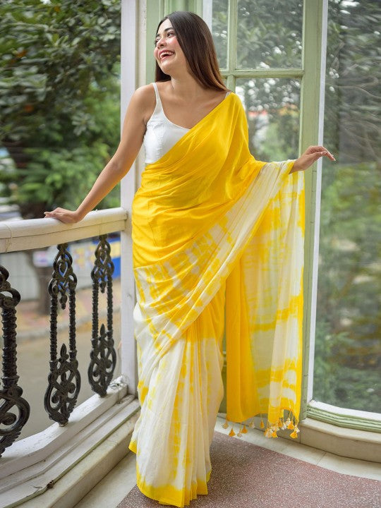 Golden Radiance" Rich Yellow & White Pure Mulmul Cotton Saree