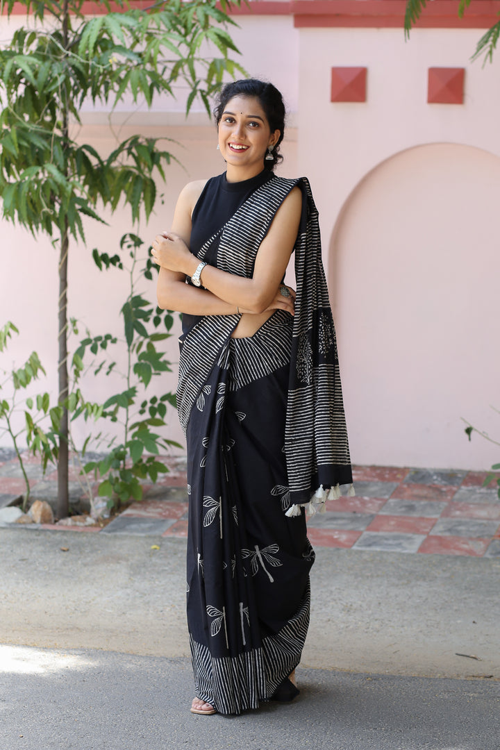 Rich Black - Printed Mulmul Cotton Saree