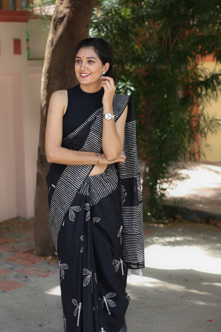 Rich Black - Printed Mulmul Cotton Saree