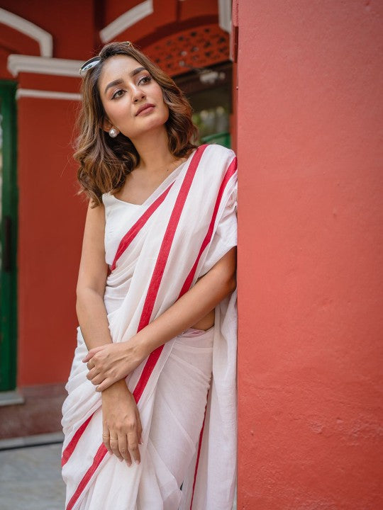 Ethereal Grace- White and Red Chanderi Cotton Saree