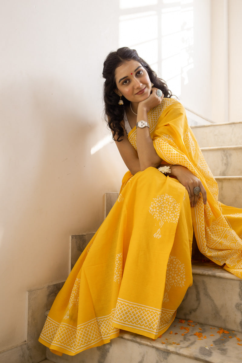 Haldi Yellow - Printed Mulmul Cotton Saree