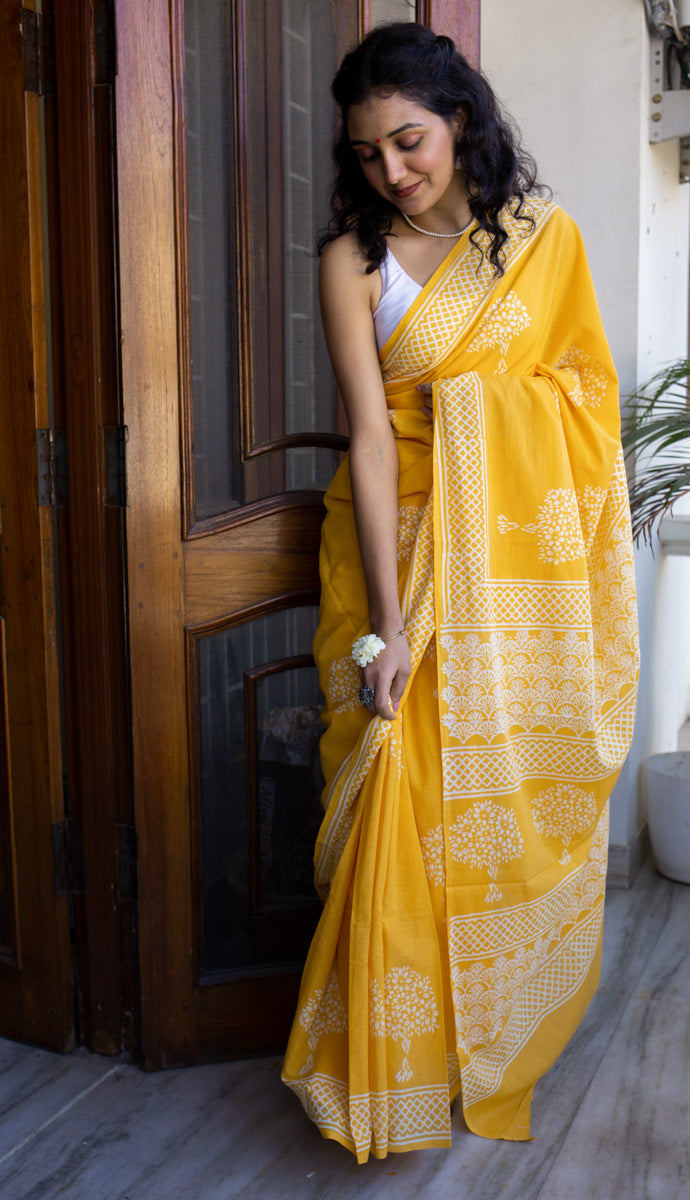 Haldi Yellow - Printed Mulmul Cotton Saree