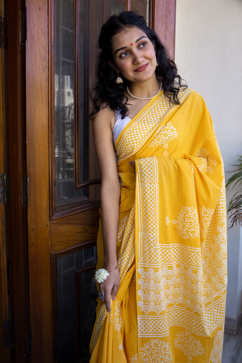 Haldi Yellow - Printed Mulmul Cotton Saree