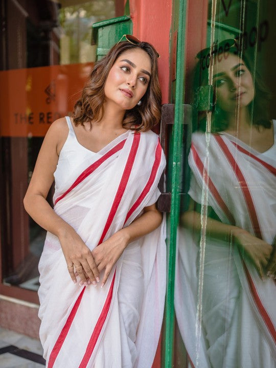 Ethereal Grace- White and Red Chanderi Cotton Saree