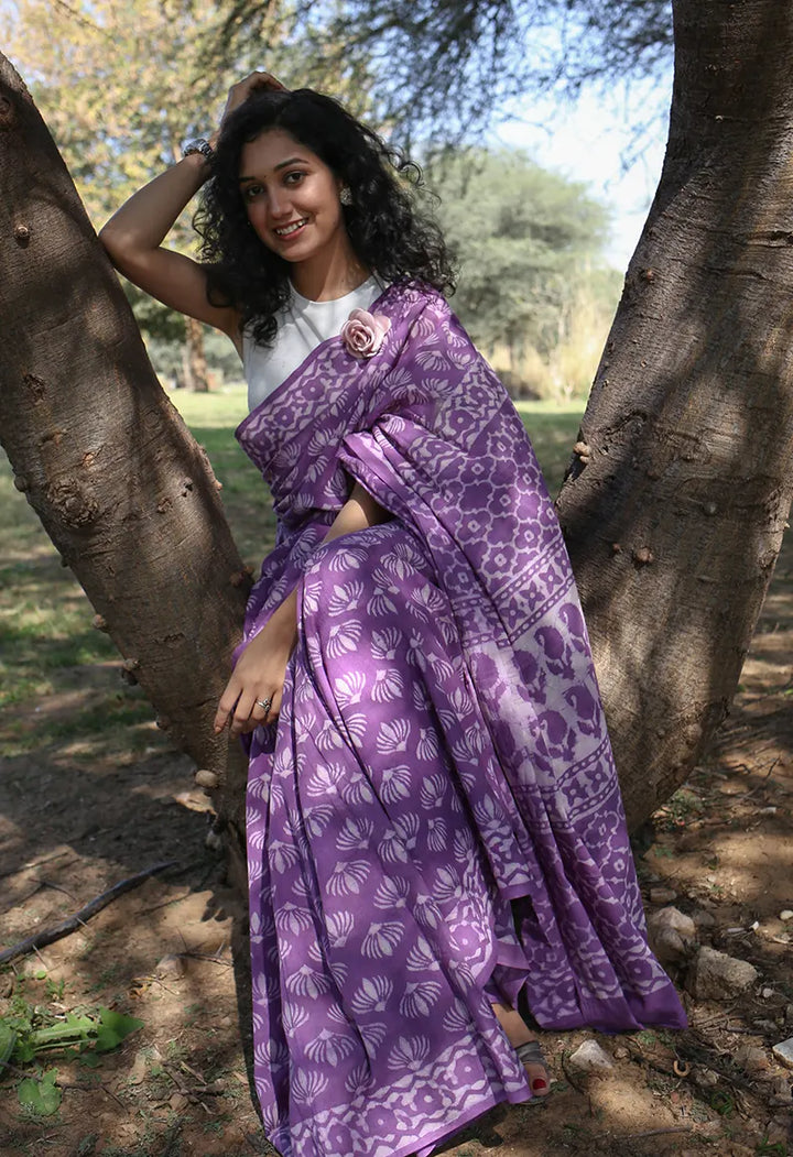 Wild Violet - Printed Mulmul Cotton Saree