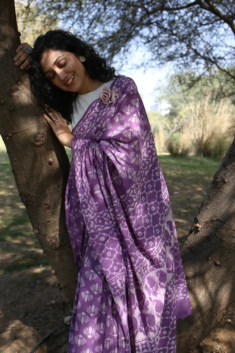 Wild Violet - Printed Mulmul Cotton Saree