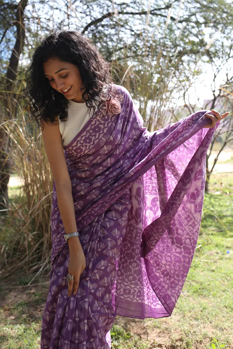 Wild Violet - Printed Mulmul Cotton Saree