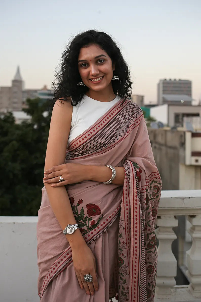 Old Rose - Printed Mulmul Cotton Saree