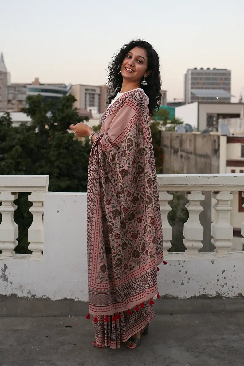 Old Rose - Printed Mulmul Cotton Saree