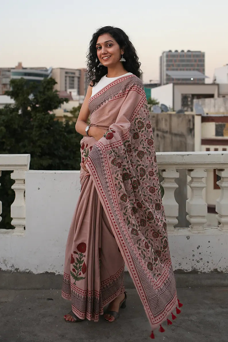 Old Rose - Printed Mulmul Cotton Saree