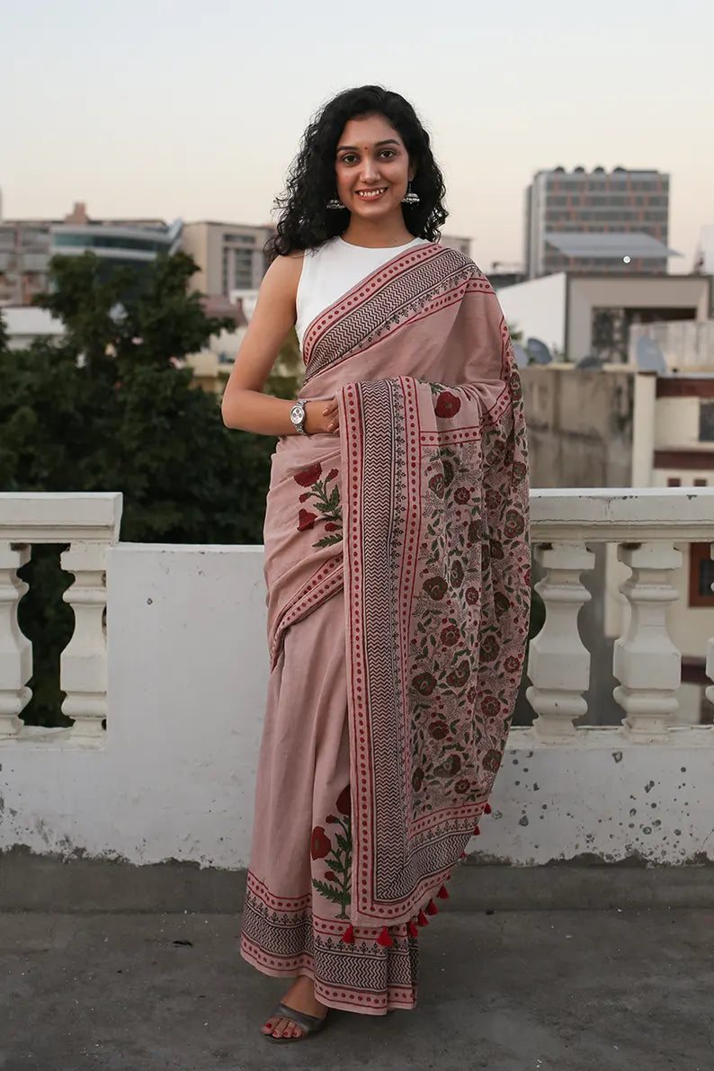 Old Rose - Printed Mulmul Cotton Saree