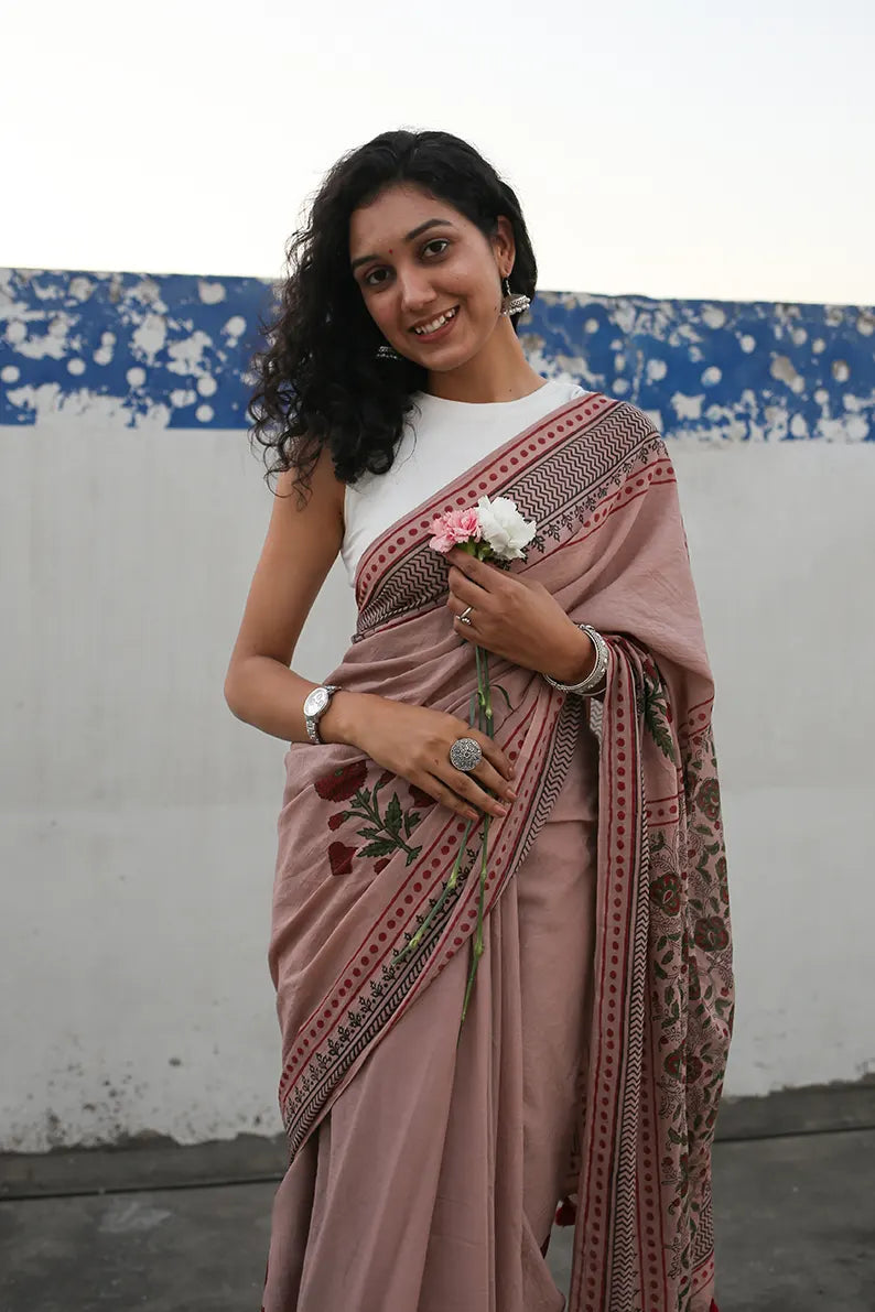 Old Rose - Printed Mulmul Cotton Saree