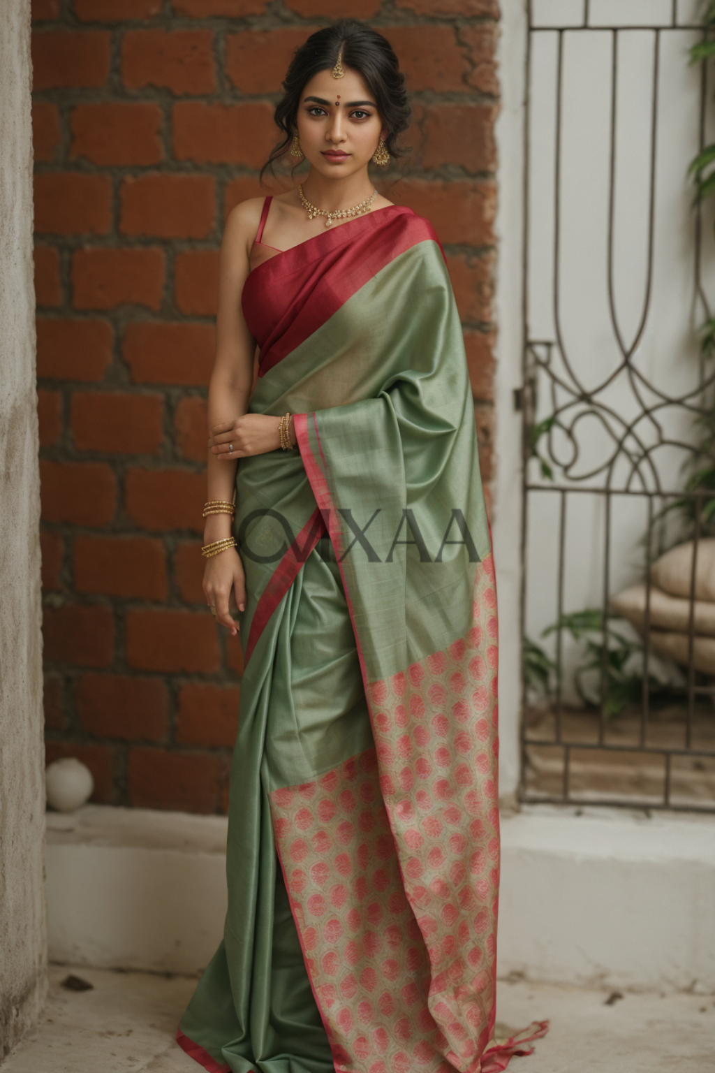 Serenade in Olive- Light Olive & Radiant Red Chanderi Cotton Silk Saree