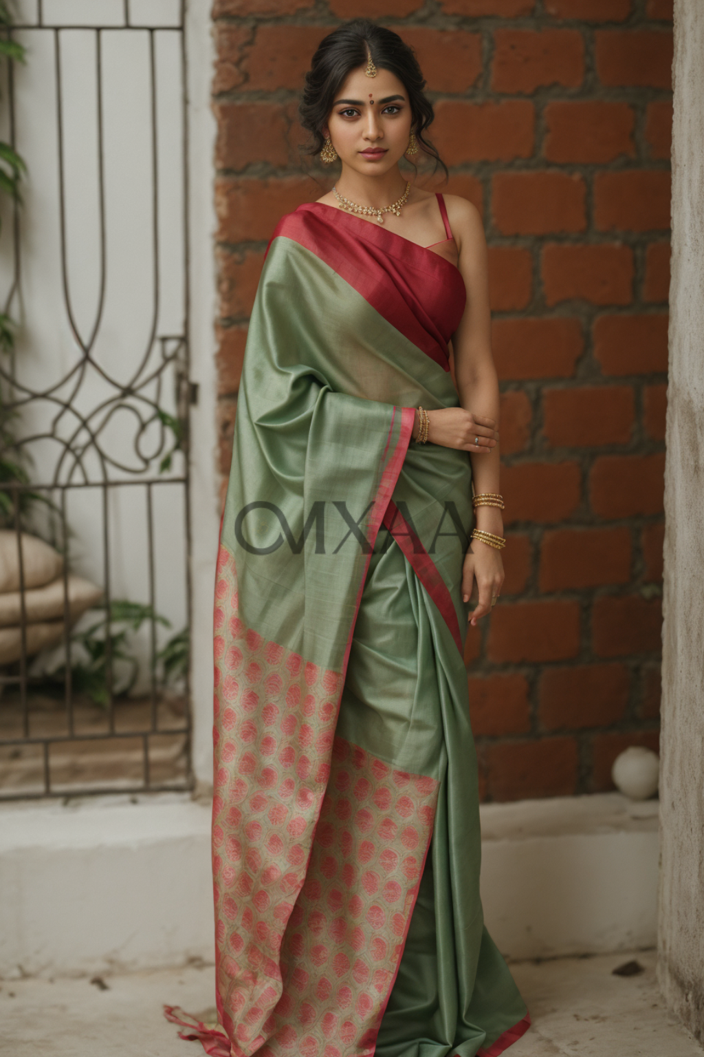 Serenade in Olive- Light Olive & Radiant Red Chanderi Cotton Silk Saree