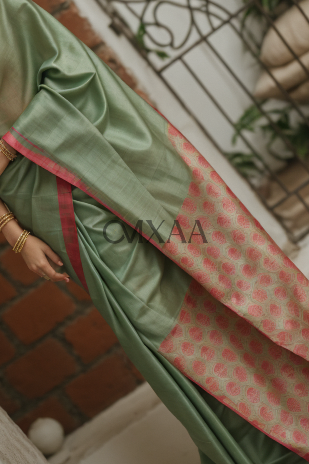 Serenade in Olive- Light Olive & Radiant Red Chanderi Cotton Silk Saree