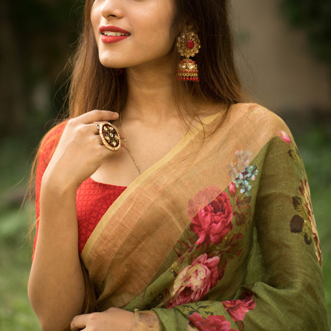 Serenade in Olive-Cotton Blend Digital Print Saree