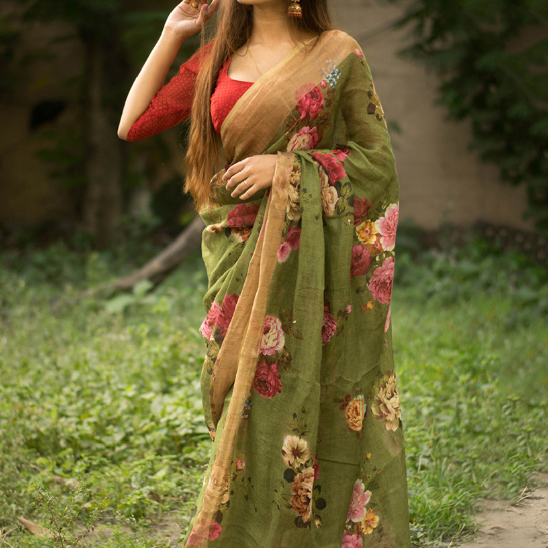 Serenade in Olive-Cotton Blend Digital Print Saree