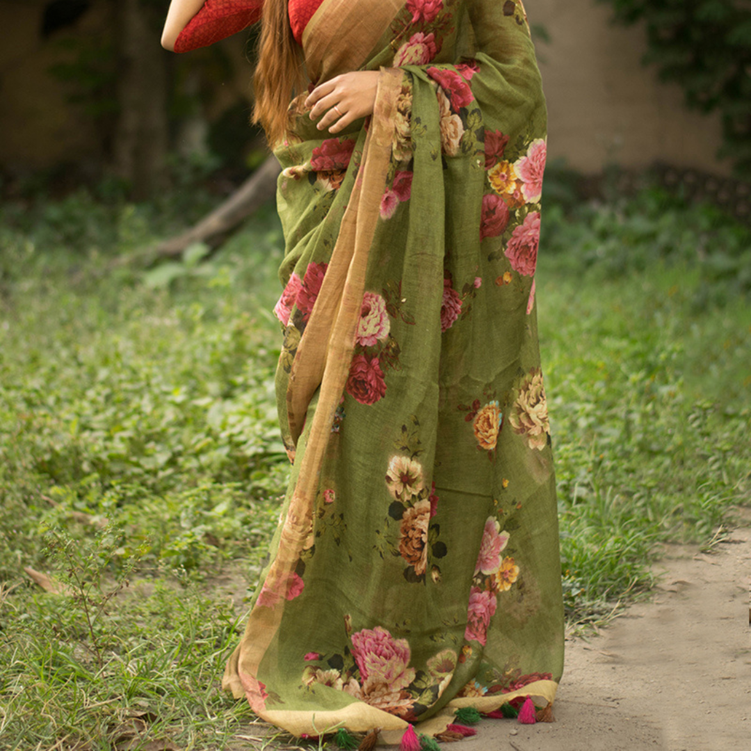 Serenade in Olive-Cotton Blend Digital Print Saree