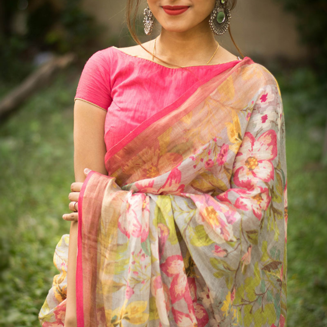 Light Grey Premium Cotton Blend Digital Print Saree