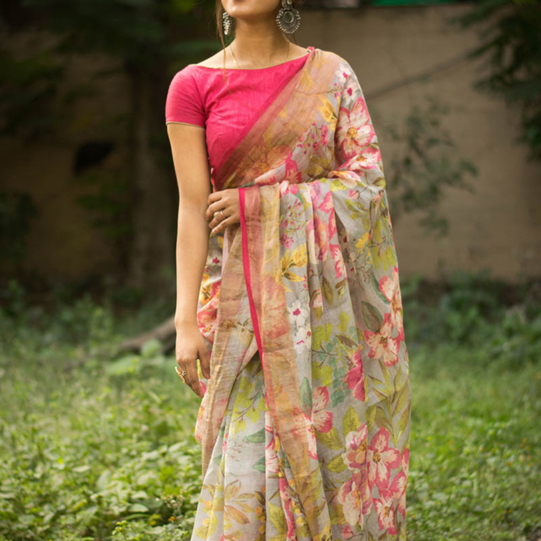 Light Grey Premium Cotton Blend Digital Print Saree