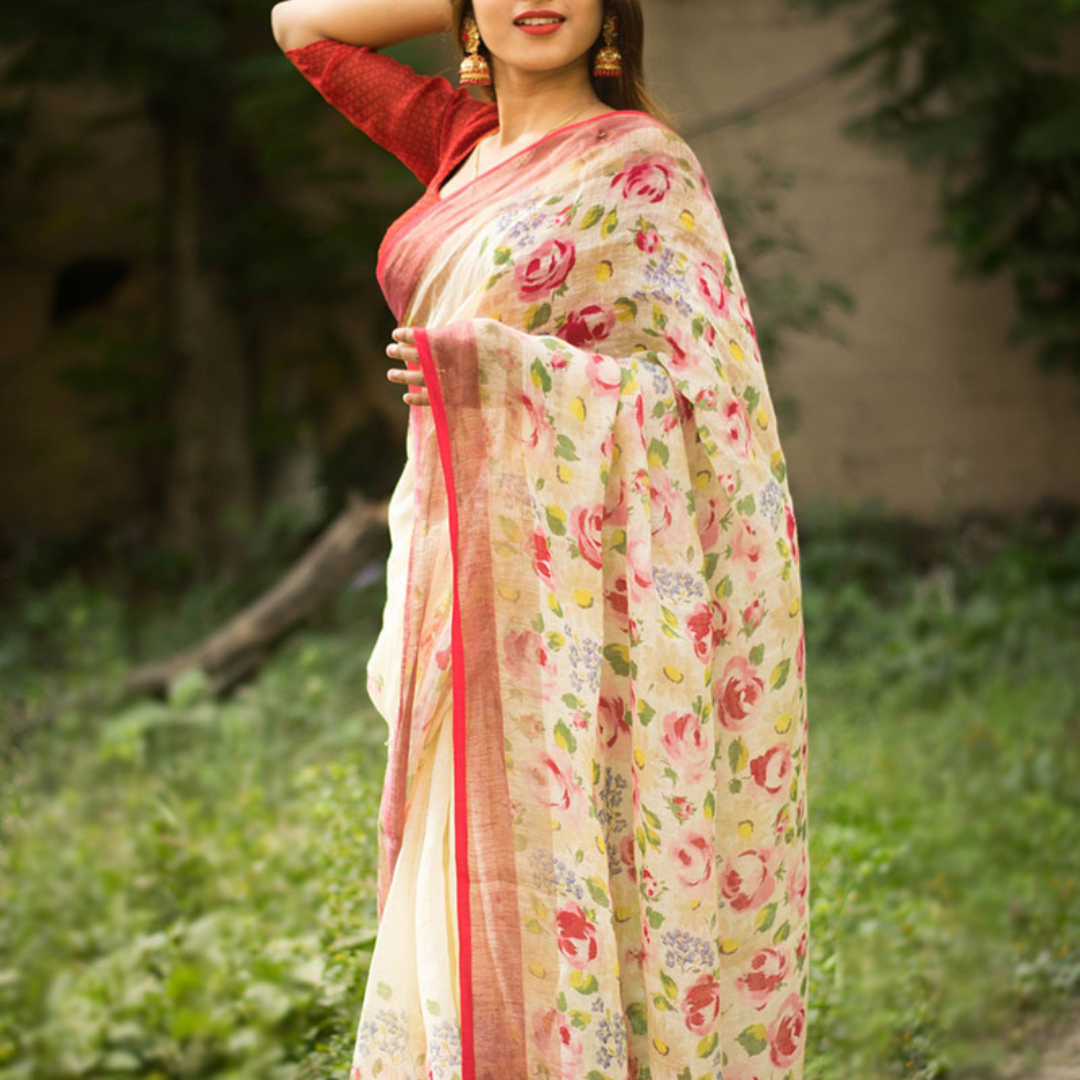 Cream Color Premium Cotton Blend Digital Print Saree