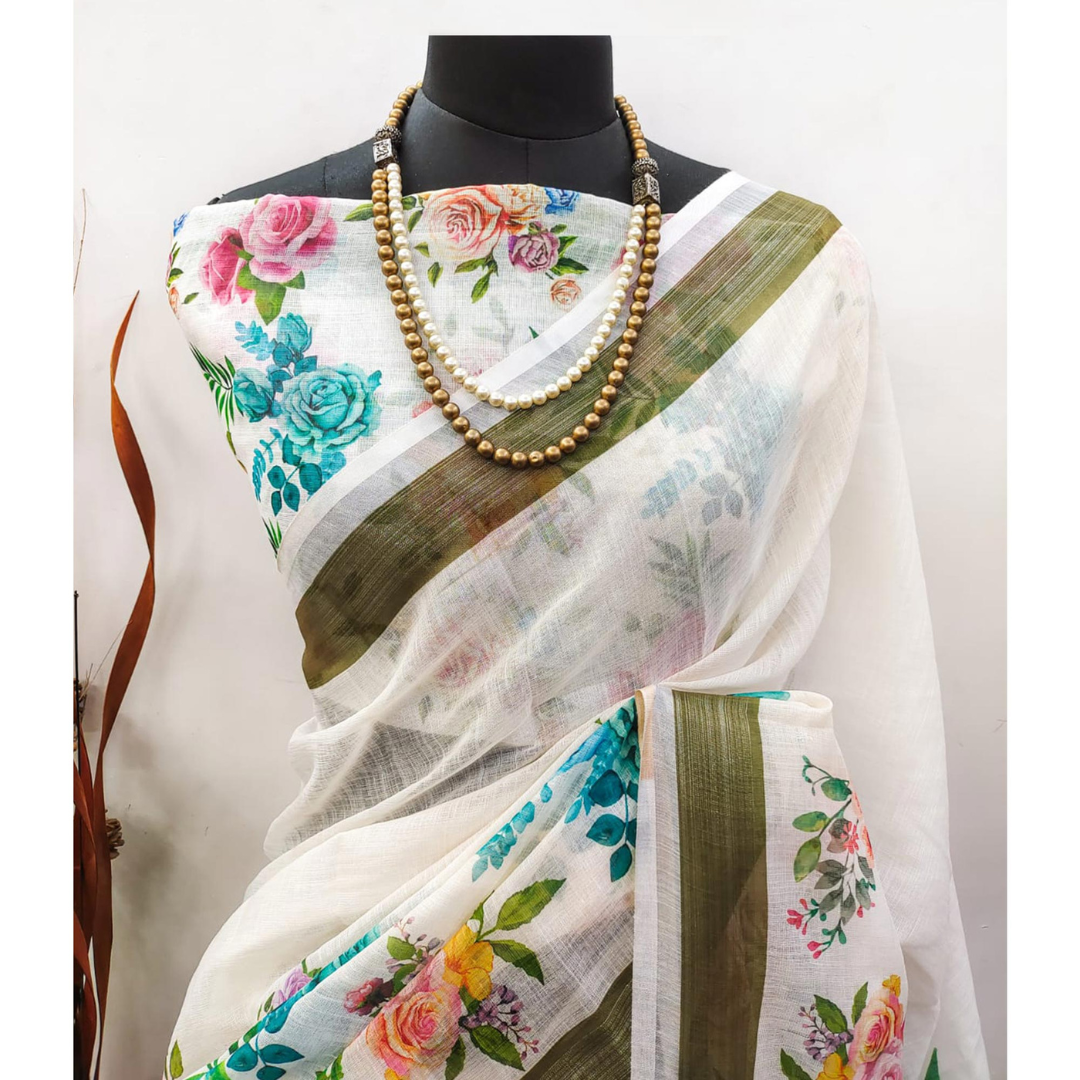 White Floral Digital Printed Linen Saree