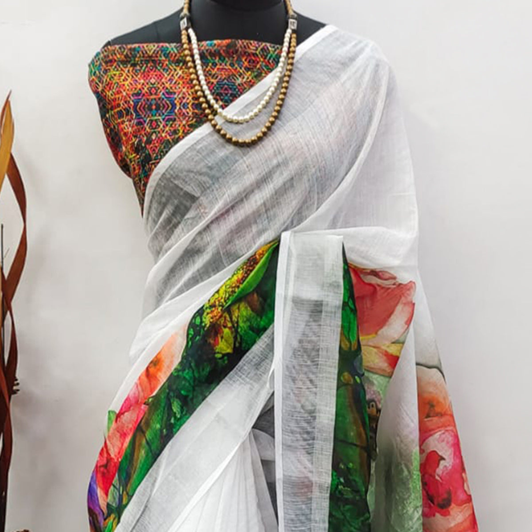 White Floral Digital Printed Premium Linen Saree