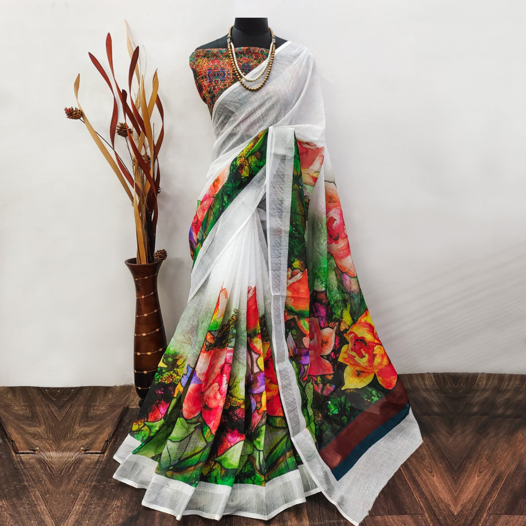 White Floral Digital Printed Premium Linen Saree