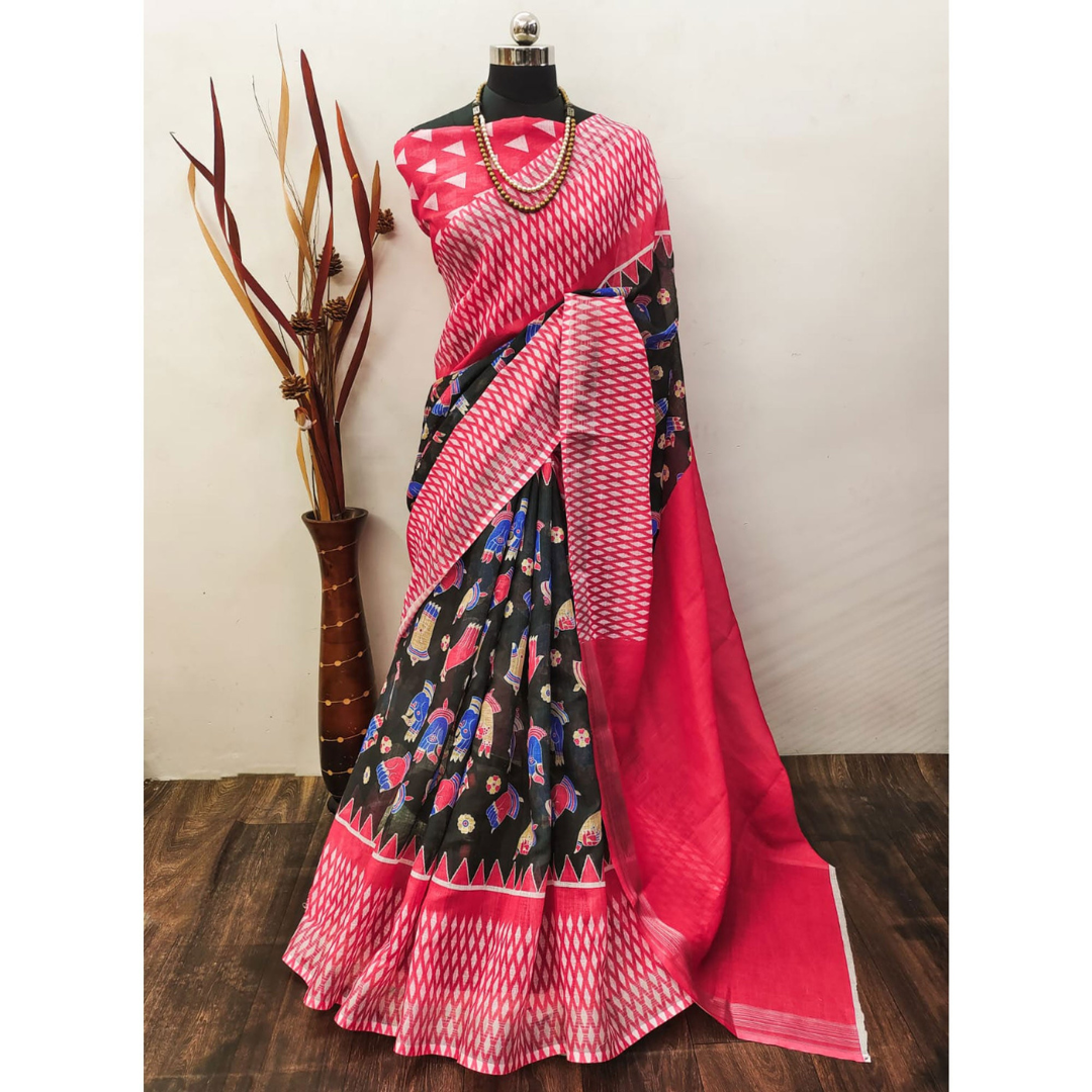 Black & Red Premium Digital Printed Linen Saree