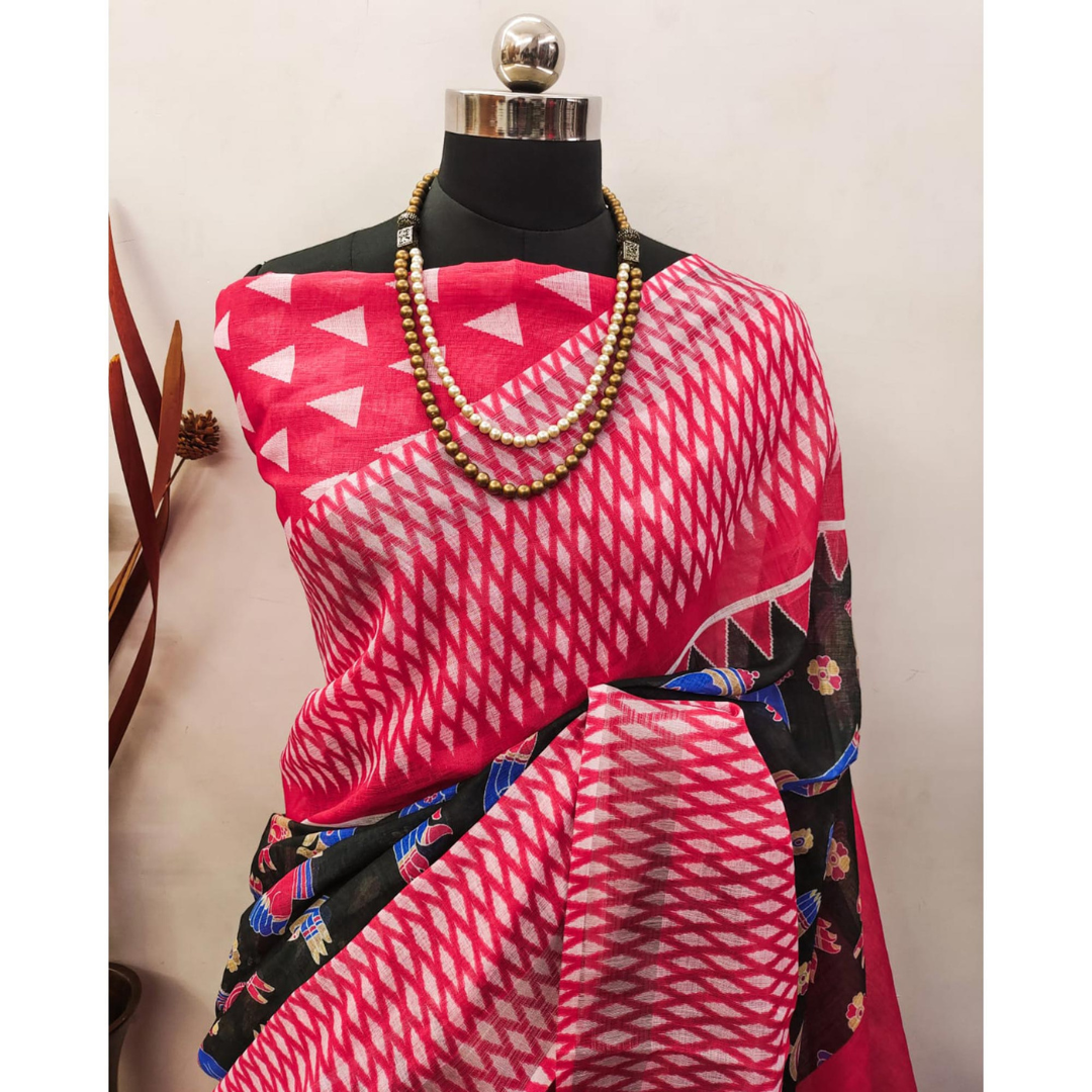 Black & Red Premium Digital Printed Linen Saree