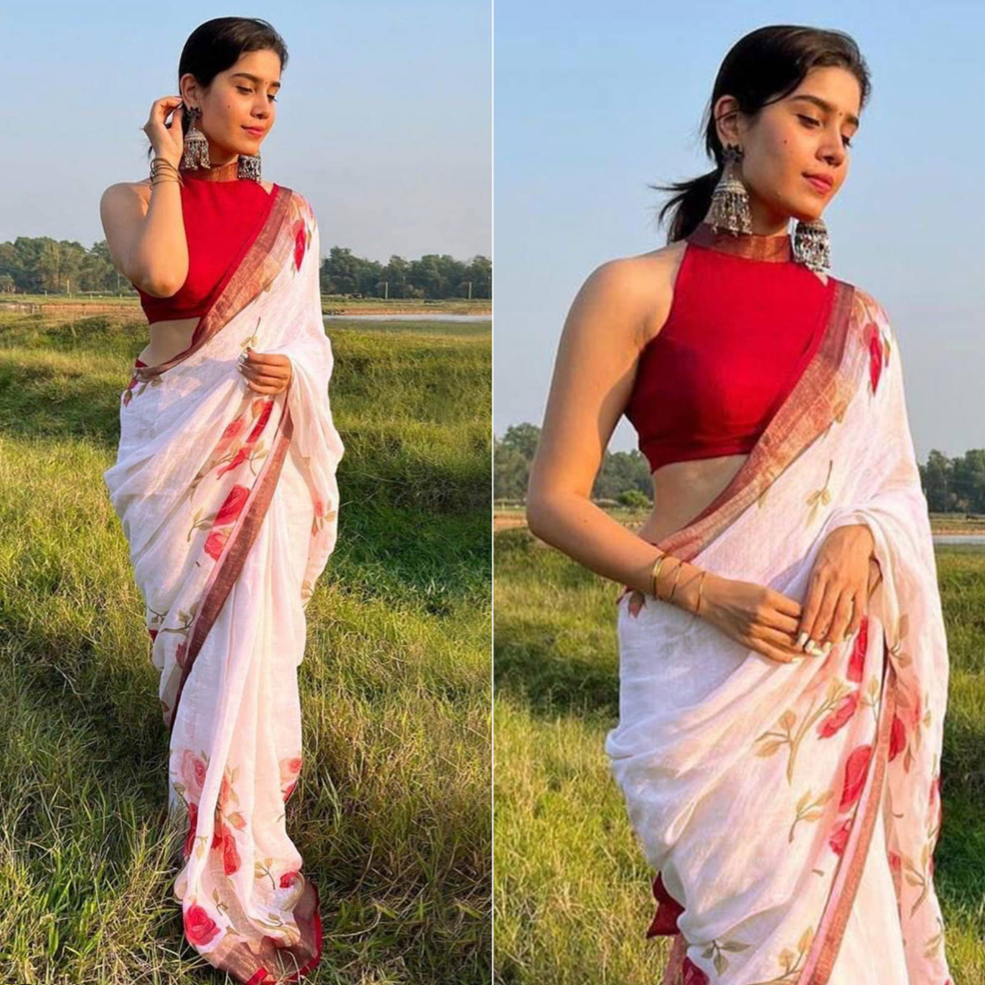 Baby Blossom & Red Floral Digital Printed Linen Saree