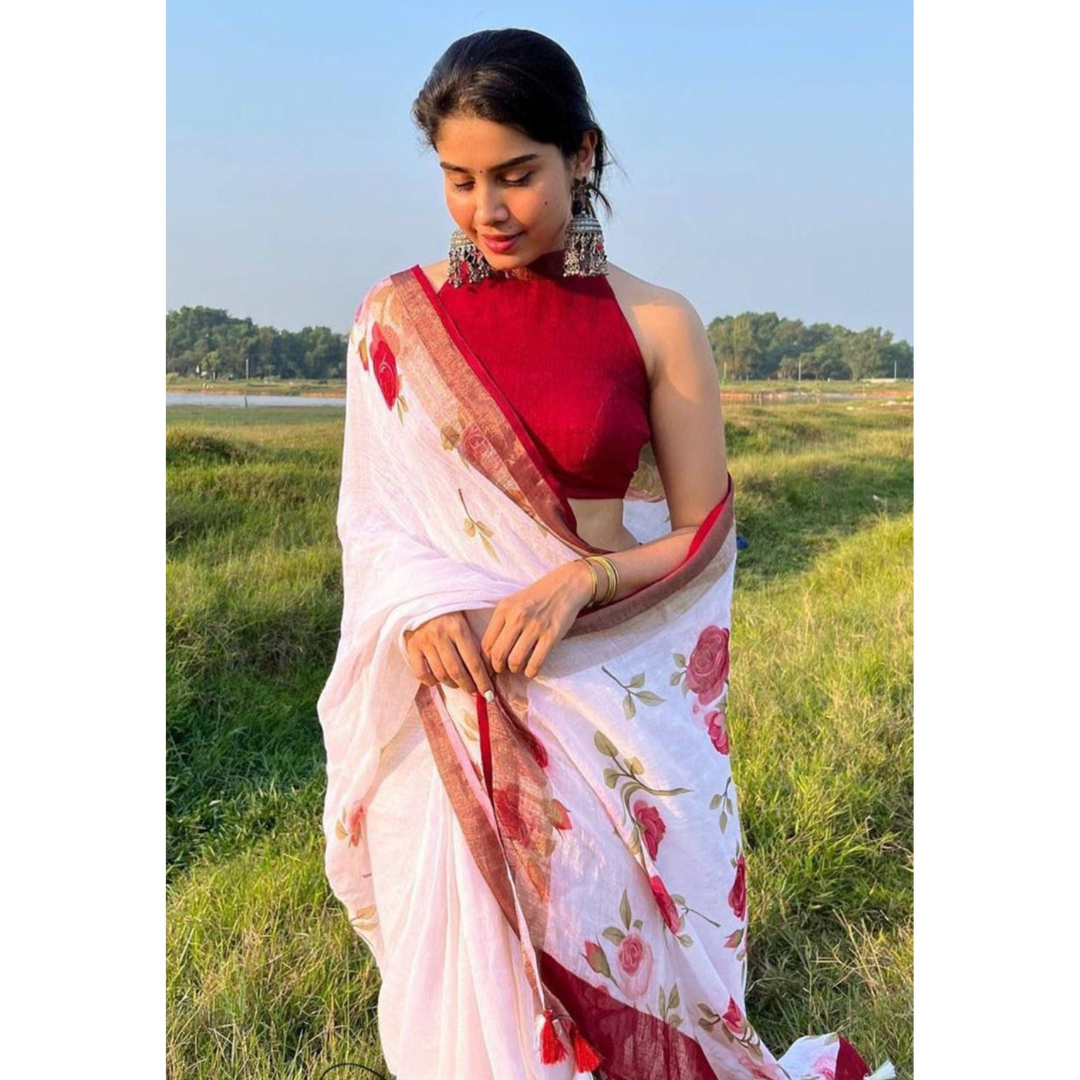 Baby Blossom & Red Floral Digital Printed Linen Saree