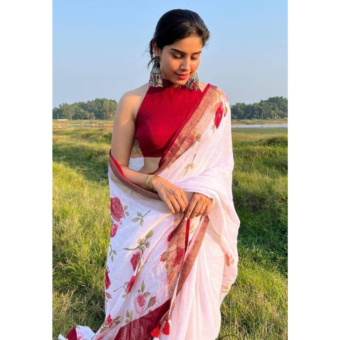 Baby Blossom & Red Floral Digital Printed Linen Saree