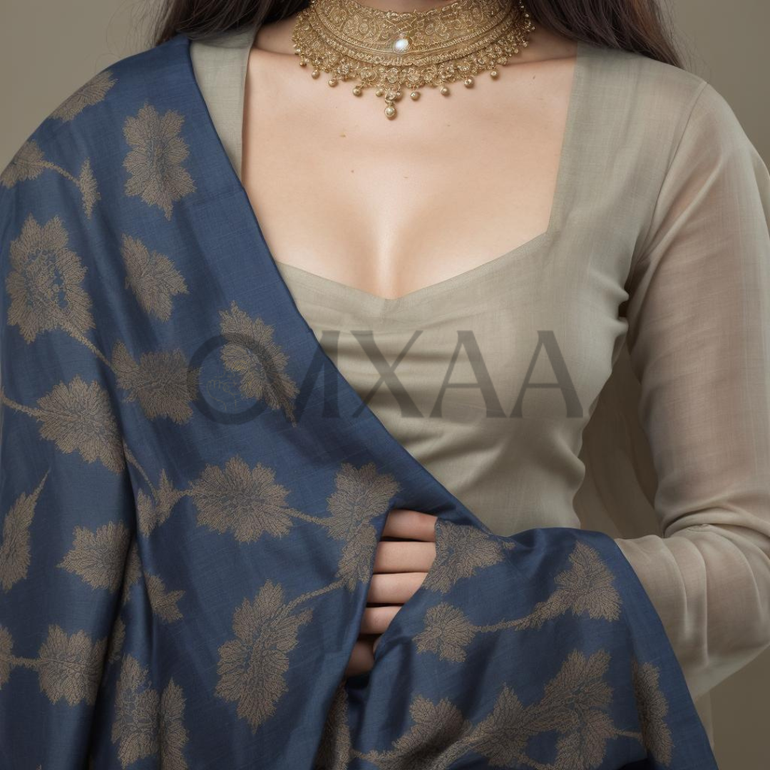 Dark Grayish Blue Premium Muslin Saree