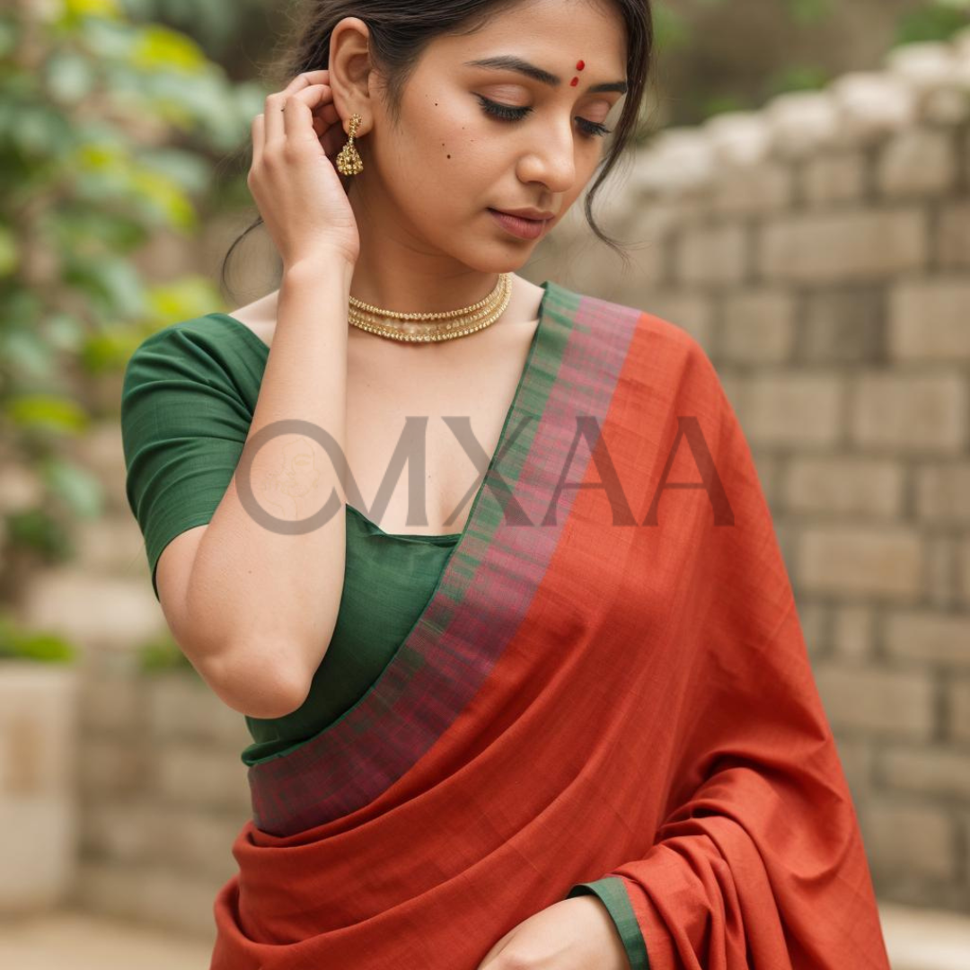 Rusty Red & Green Luxurious Muslin Saree