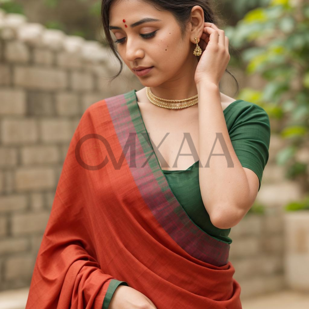 Rusty Red & Green Luxurious Muslin Saree