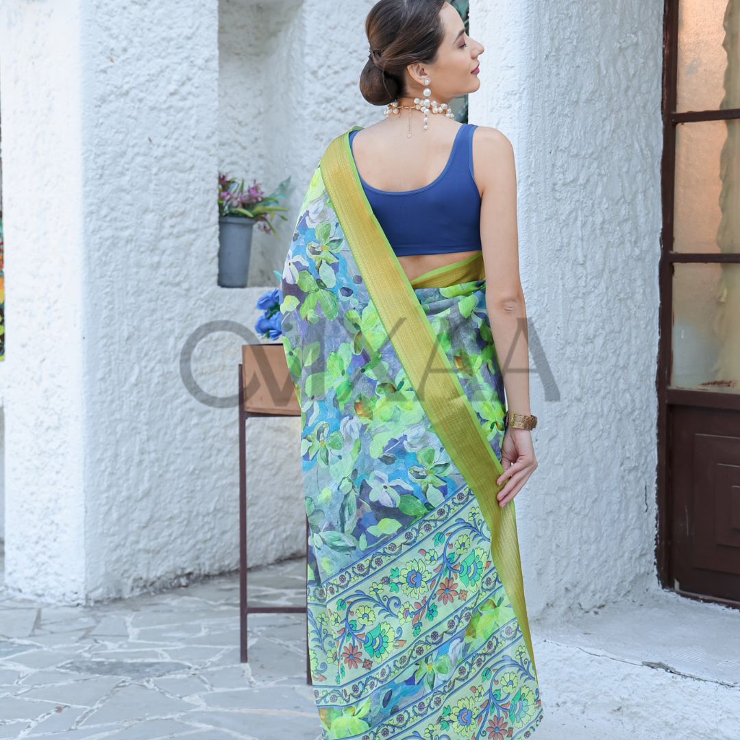 Green and Sky Blue Pure Linen Saree