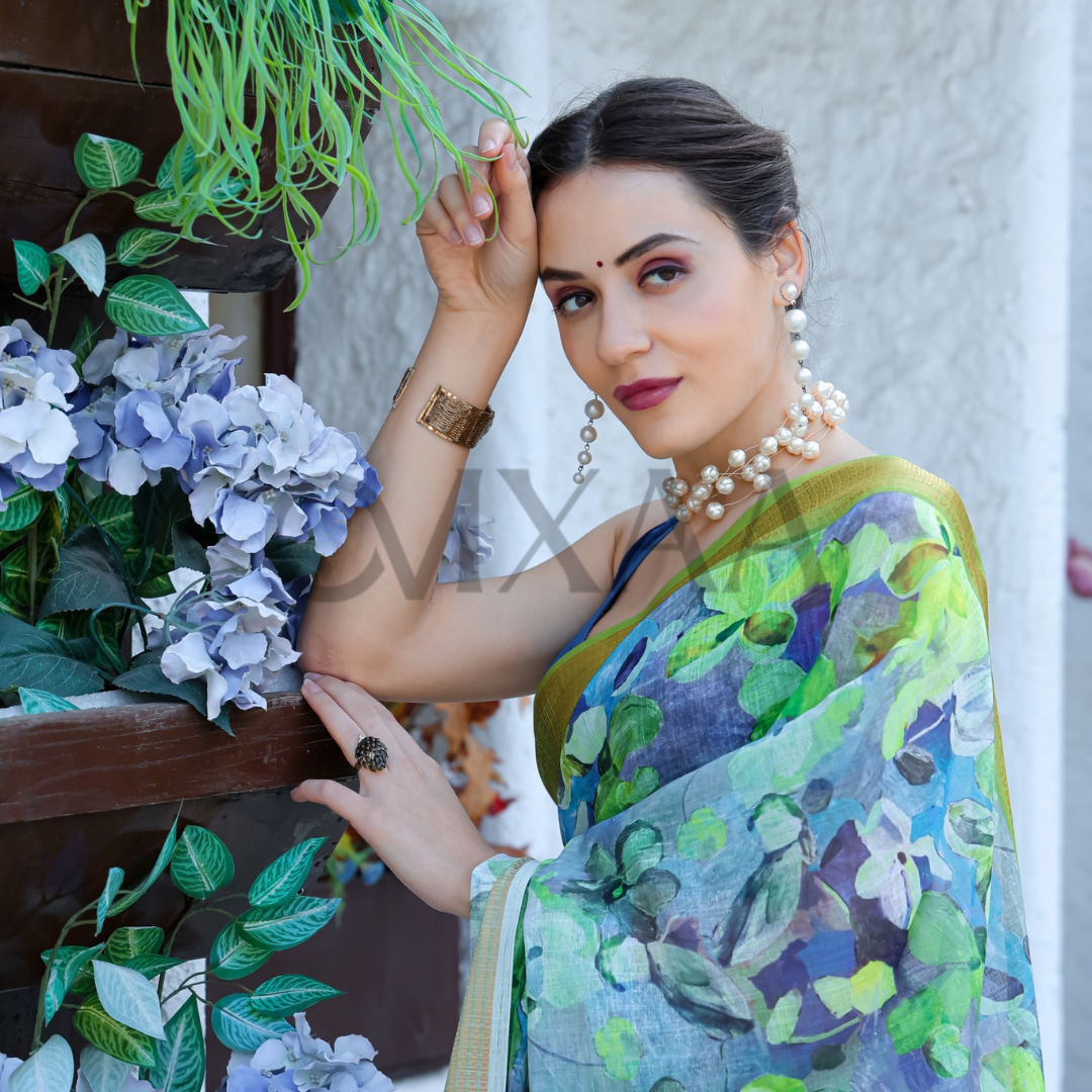 Green and Sky Blue Pure Linen Saree