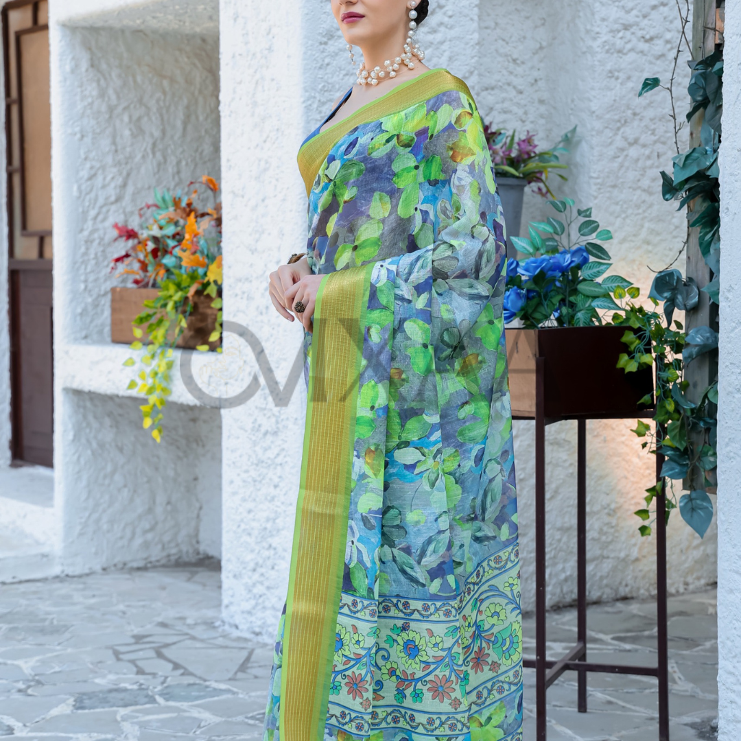 Green and Sky Blue Pure Linen Saree