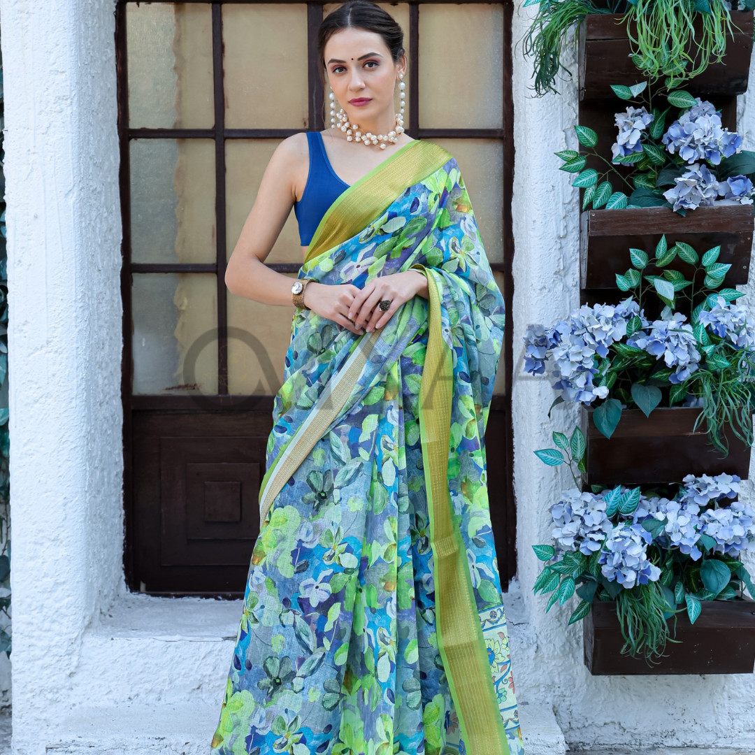 Green and Sky Blue Pure Linen Saree