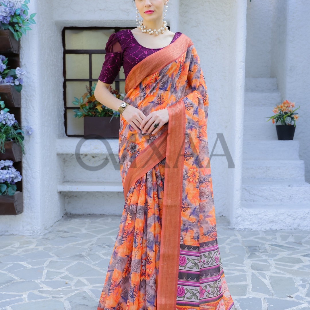 Pure Linen Saree with Zari Border