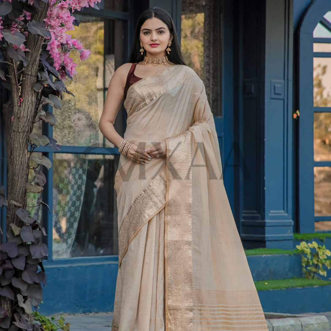 Pure Muslin Silk Luxurious Saree with Zari Border and Pallu Work