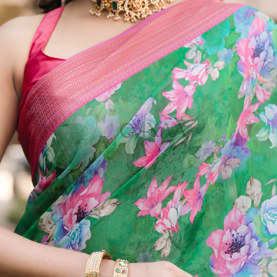 Emerald Elegance- Green Pure Linen Saree