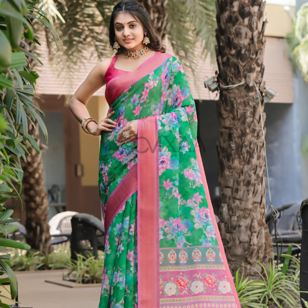 Emerald Elegance- Green Pure Linen Saree