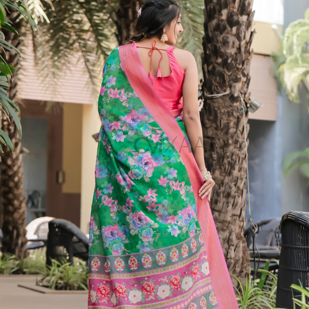 Emerald Elegance- Green Pure Linen Saree