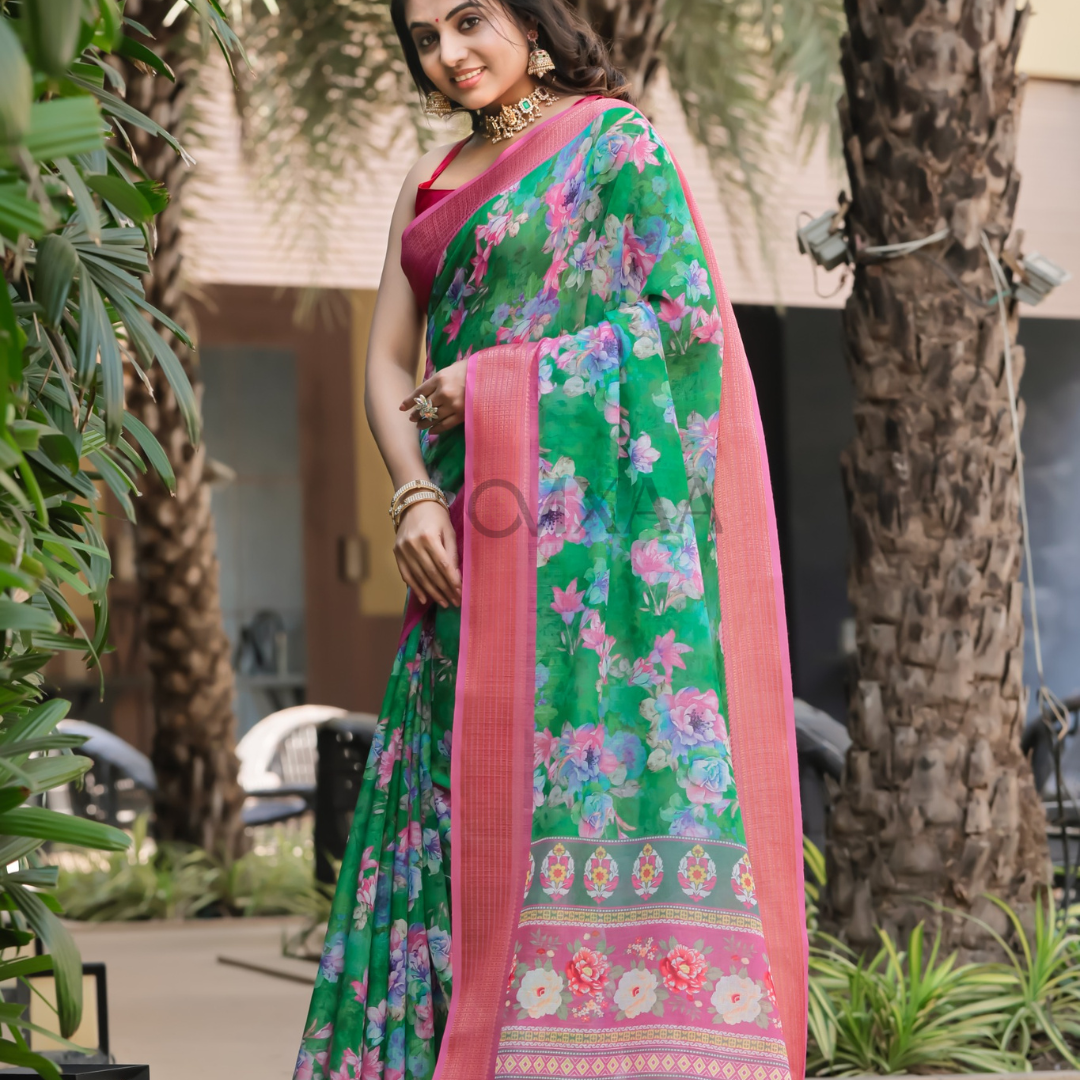 Emerald Elegance- Green Pure Linen Saree