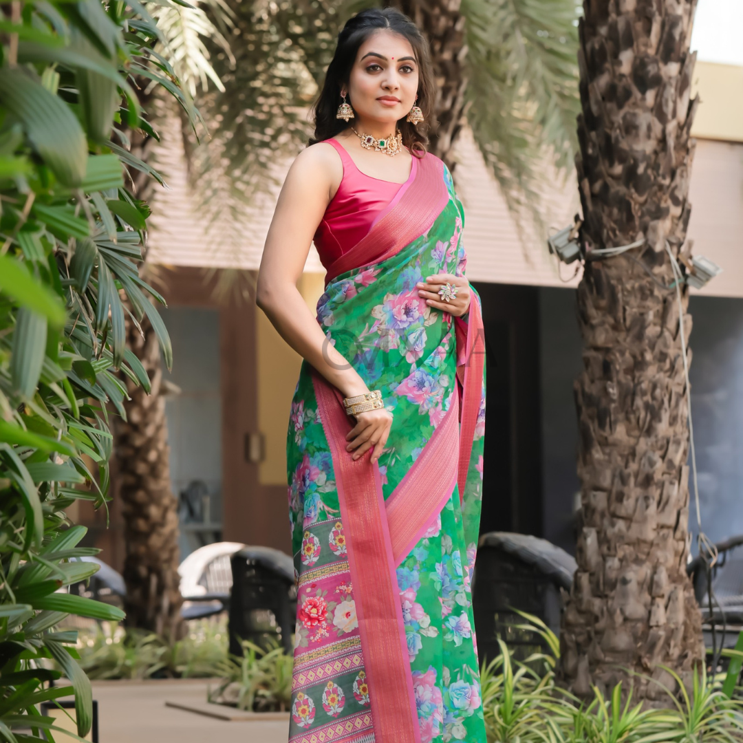 Emerald Elegance- Green Pure Linen Saree