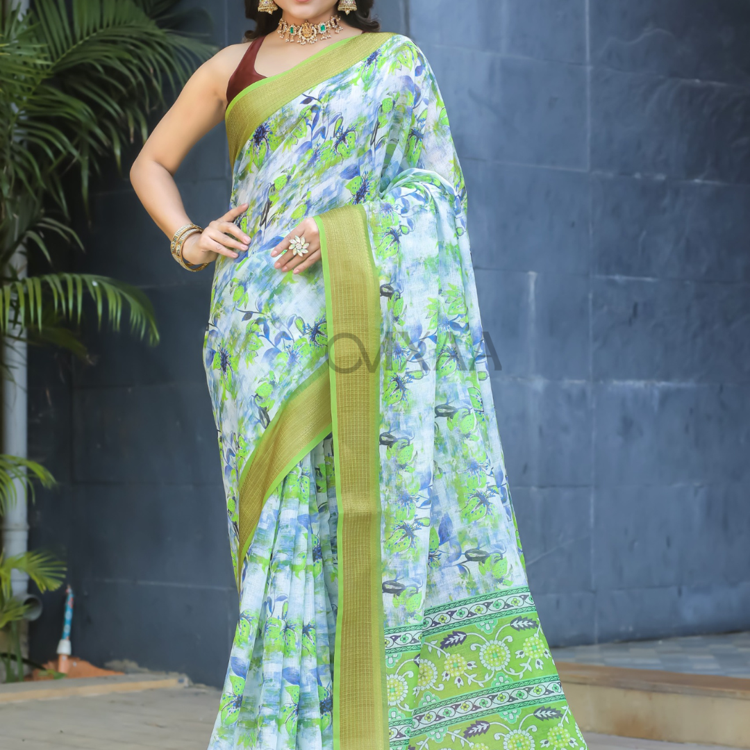 Ethereal Breeze- Light Green Linen Saree